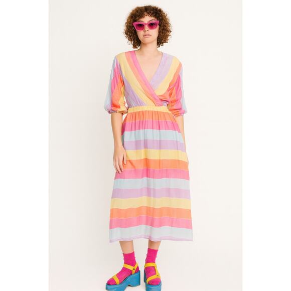 Tara Jarmon Rainbow Stripe Midi Dress Small Dopamine Dressing Parisian Pastel - Picture 1 of 9